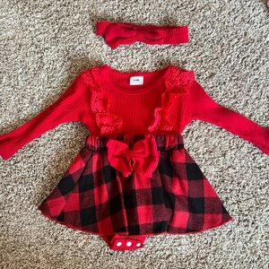 Red Plaid Baby Girl holiday Dress with Headband
